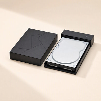 Diskshield – Black enclosure opened with its cover removed beside it, a silver 3.5-inch hard drive seated inside