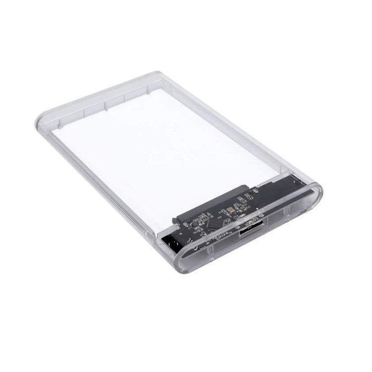Clearbyte USB 3.0 Hard Drive Enclosure, transparent 2.5-inch case on white with circuit board visible at one end