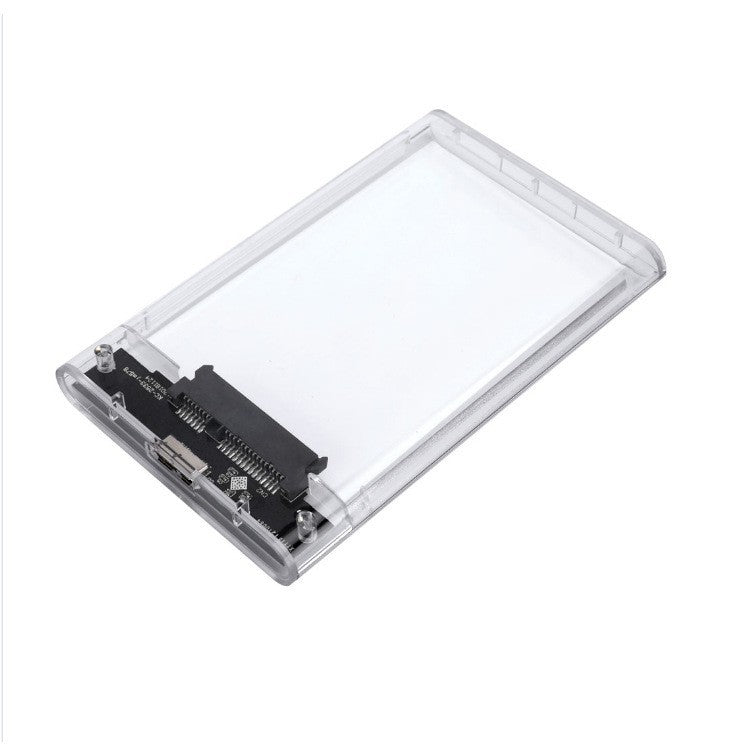 Clearbyte – Transparent 2.5-inch enclosure shown from above at an angle, with SATA connector and USB 3.0 port on the board