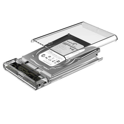 Clearbyte – Open clear enclosure with lid lifted above a 2.5-inch hard drive seated on the internal connector board