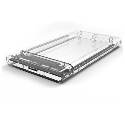 Clearbyte – Low angle view of the clear case showing the micro USB 3.0 port at the end and snap clips along the lid