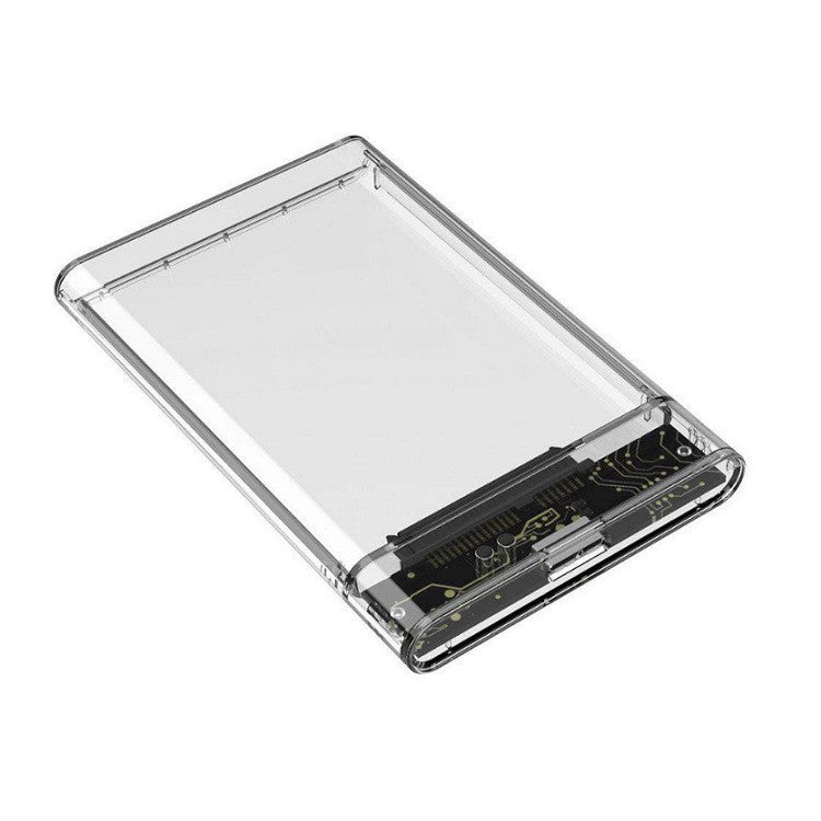 Clearbyte – Top-down view of the see-through enclosure showing the circuit board, SATA connector and USB port at the bottom