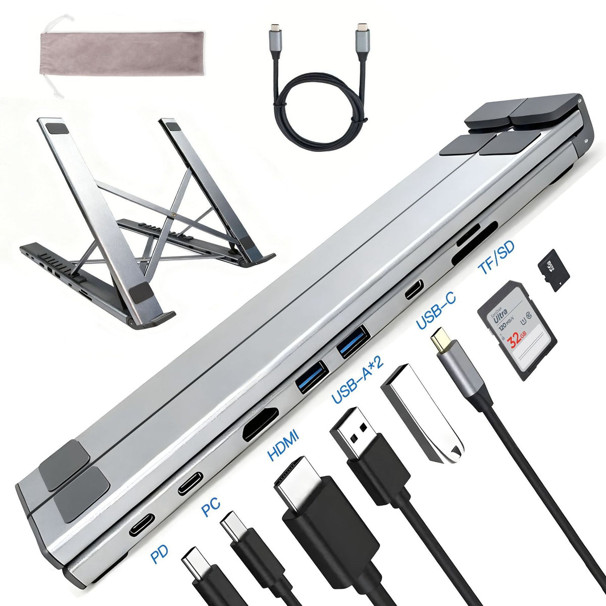 Dockspan – Gray aluminum docking stand folded flat, with USB-C cable, storage pouch, SD card and connector plugs shown
