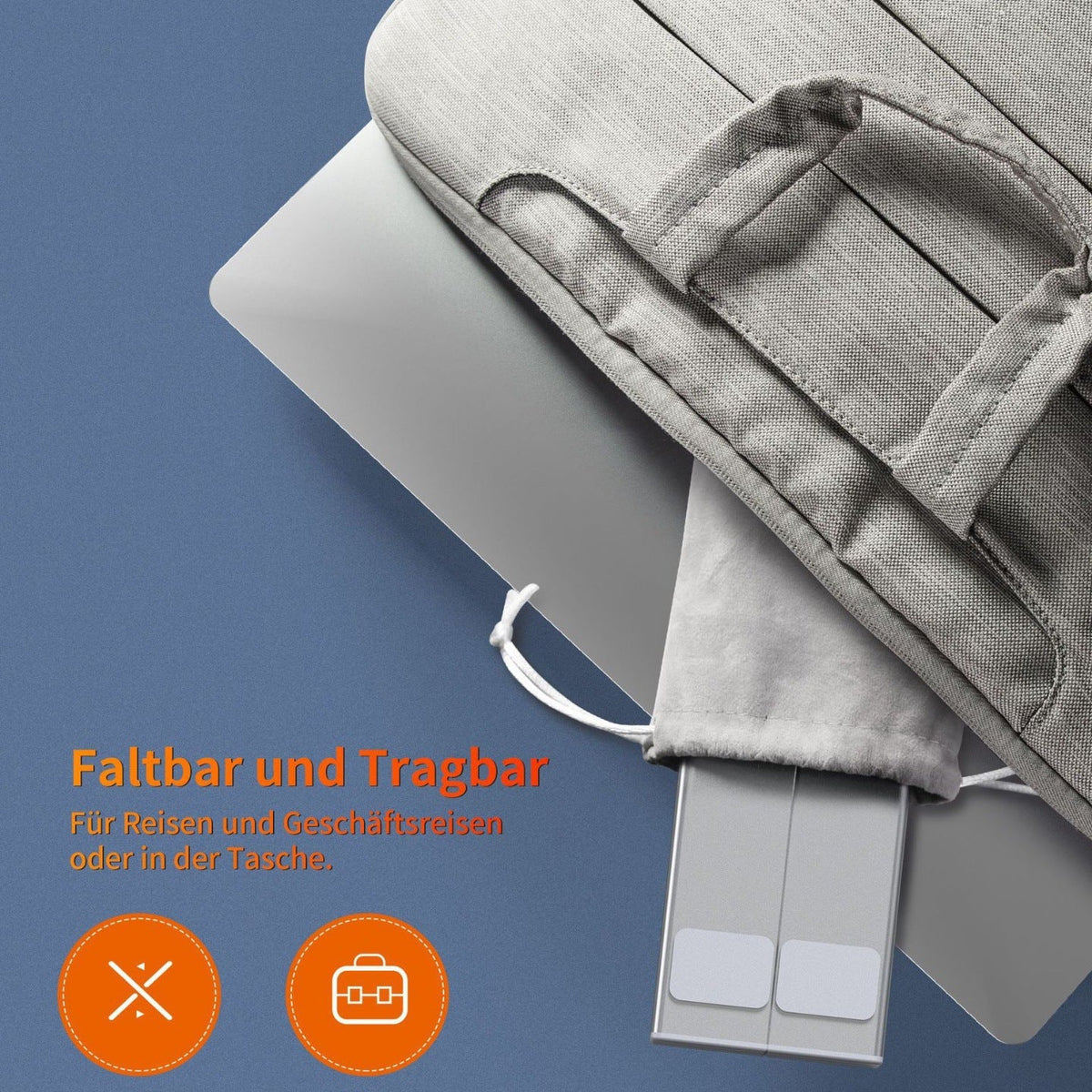 Dockspan – Folded gray stand slid into a drawstring pouch beside a laptop bag, with German text about carrying