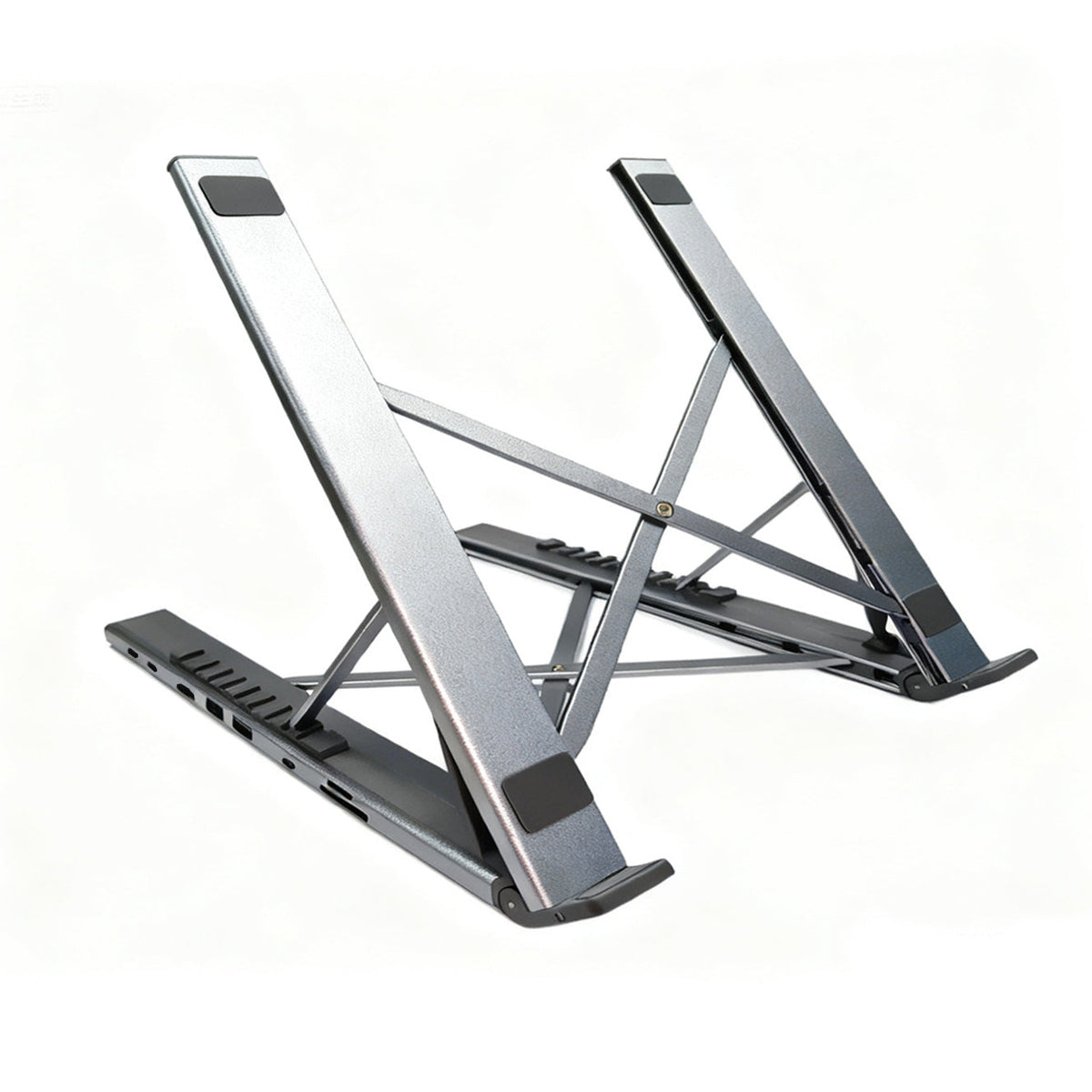 Dockspan – Open gray aluminum stand at an angle on white, showing X-shaped legs and the row of ports on its side