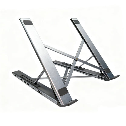 Dockspan – Open gray aluminum stand at an angle on white, showing X-shaped legs and the row of ports on its side