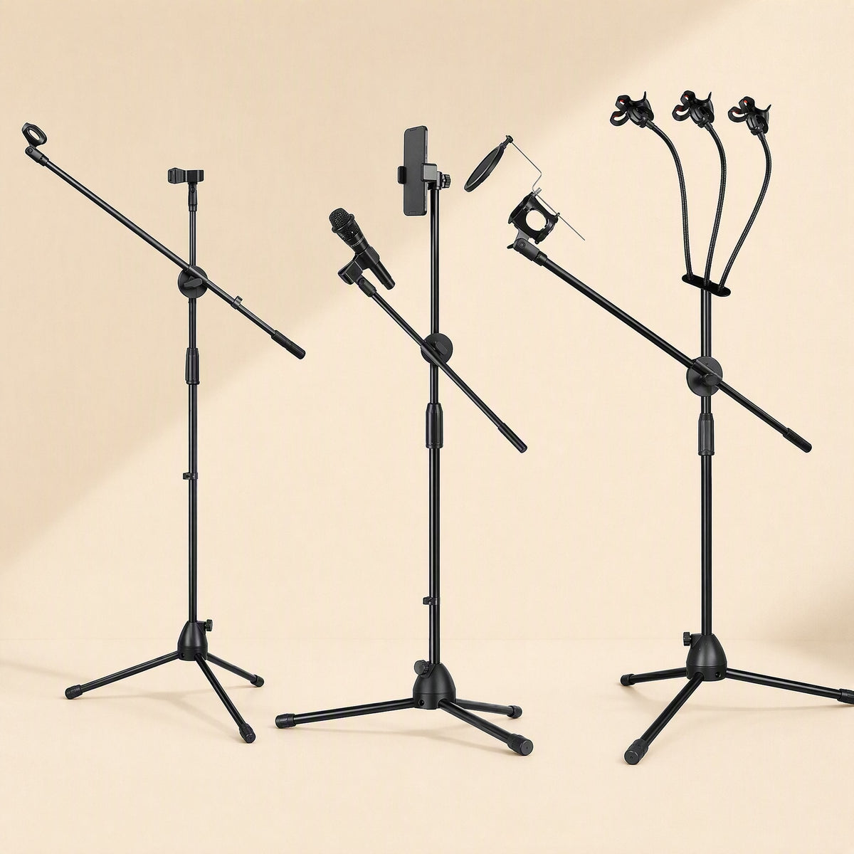 Tripodrise Floor Microphone and Phone Stand With Tripod shown in three setups on a beige background