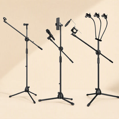 Tripodrise Floor Microphone and Phone Stand With Tripod shown in three setups on a beige background