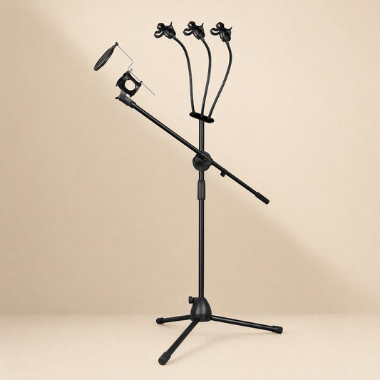 Tripodrise – Black tripod mic stand with boom arm, pop filter and three flexible phone holders on a tan backdrop