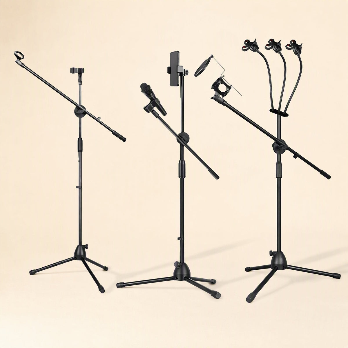 Tripodrise – Three black tripod stands side by side, one with mic clips, one with phone and mic, one with flexible holders