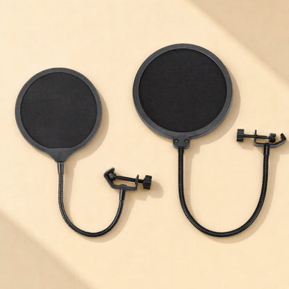 Popcatch Microphone Pop Filter in two sizes, both black with gooseneck arms and clamps, on a beige background