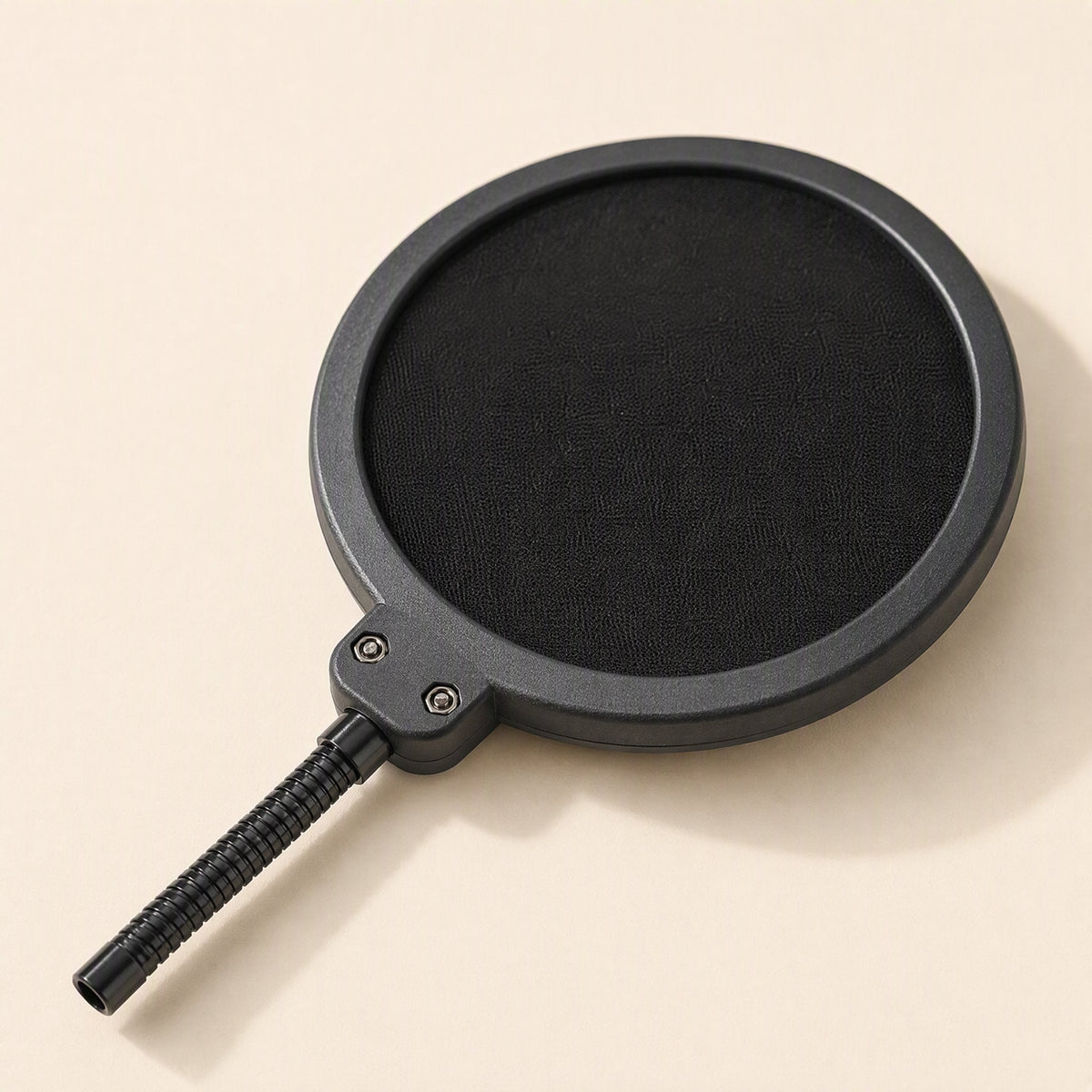 Popcatch – Black round mesh filter screen seen from above at an angle, with its short gooseneck stem attached