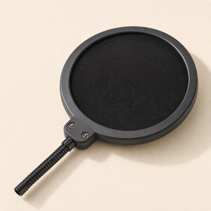 Popcatch – Black round mesh filter screen seen from above at an angle, with its short gooseneck stem attached
