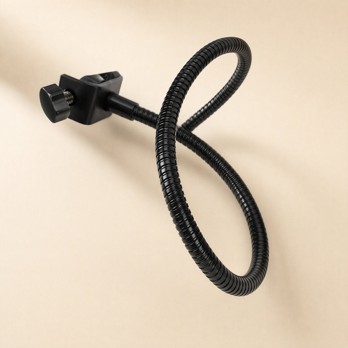 Popcatch Microphone Pop Filter – flexible black gooseneck arm bent in a loop, with the clamp and thumbscrew at one end