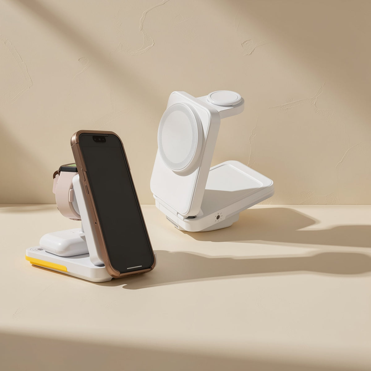 Magperch magnetic wireless charger in white with a phone, watch and earbuds case charging, beside a folded unit