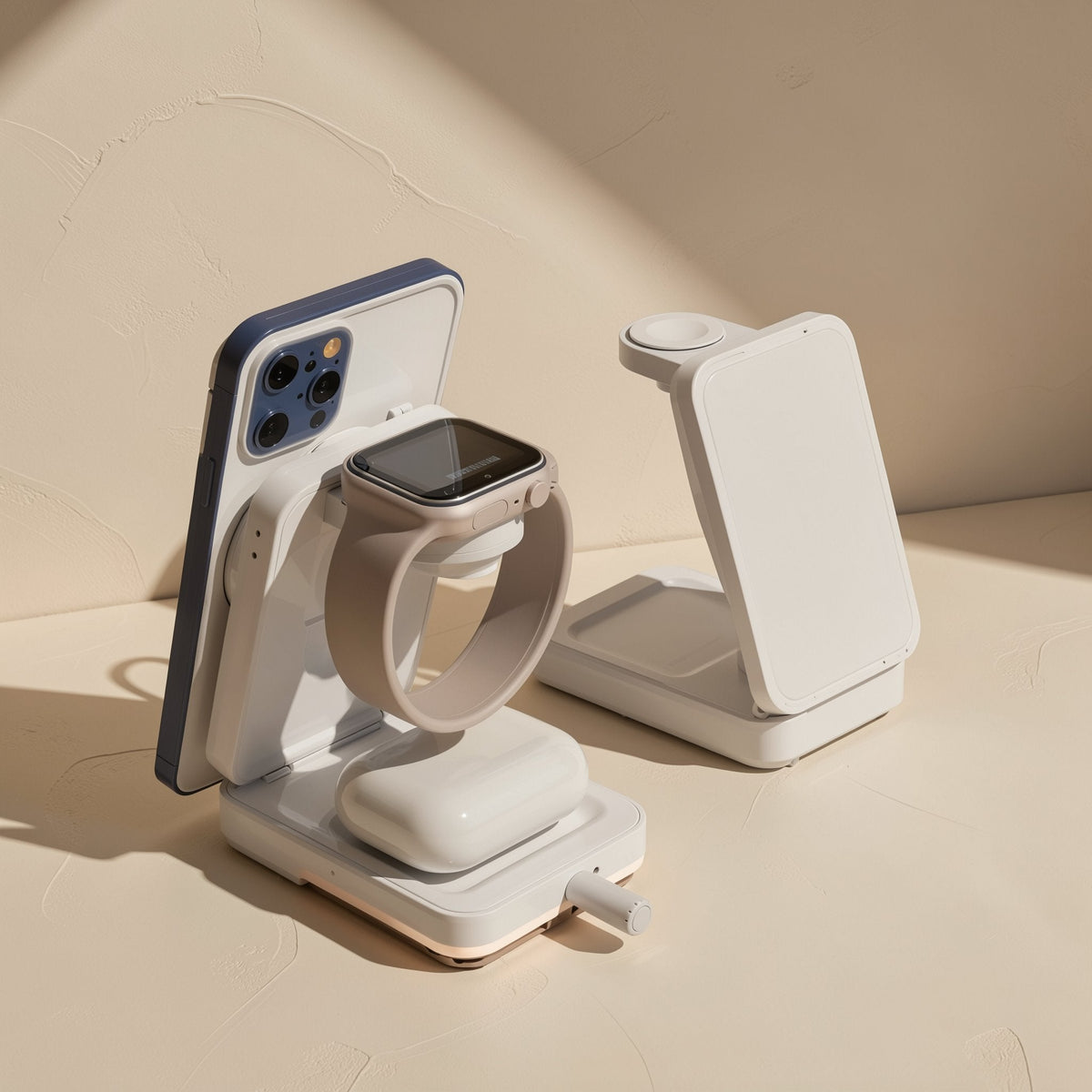 White Magperch stand holding a blue phone, a watch on its band and an earbuds case, with a second unit behind