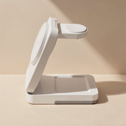 Side view of a white Magperch wireless charger unfolded, showing the angled magnetic pad and the flat base tray