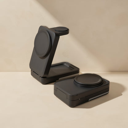 Black Magperch foldable charger shown open on the left and folded flat on the right against a beige backdrop