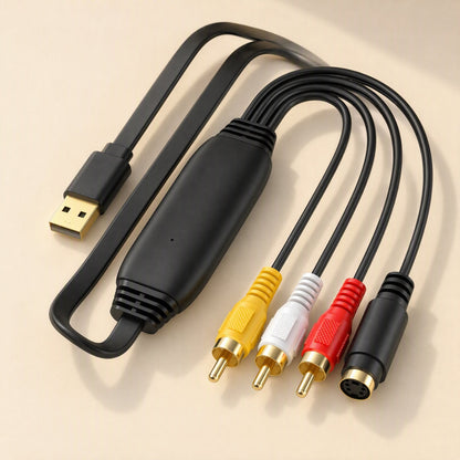 Signalgrab USB Video Capture Card with gold USB plug, black body and yellow, white, red RCA and S-Video leads