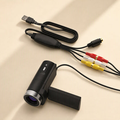 Signalgrab – Capture card cables laid out above a black handheld camcorder with a red, white and yellow cable plugged in