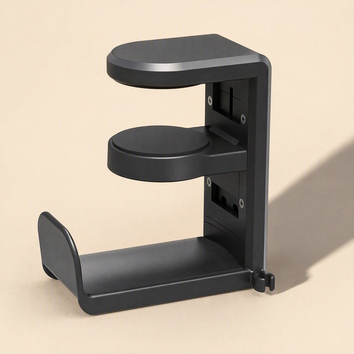Softperch Silicone Desktop Headphone Holder in black, front angle showing clamp, swivel arm and cradle