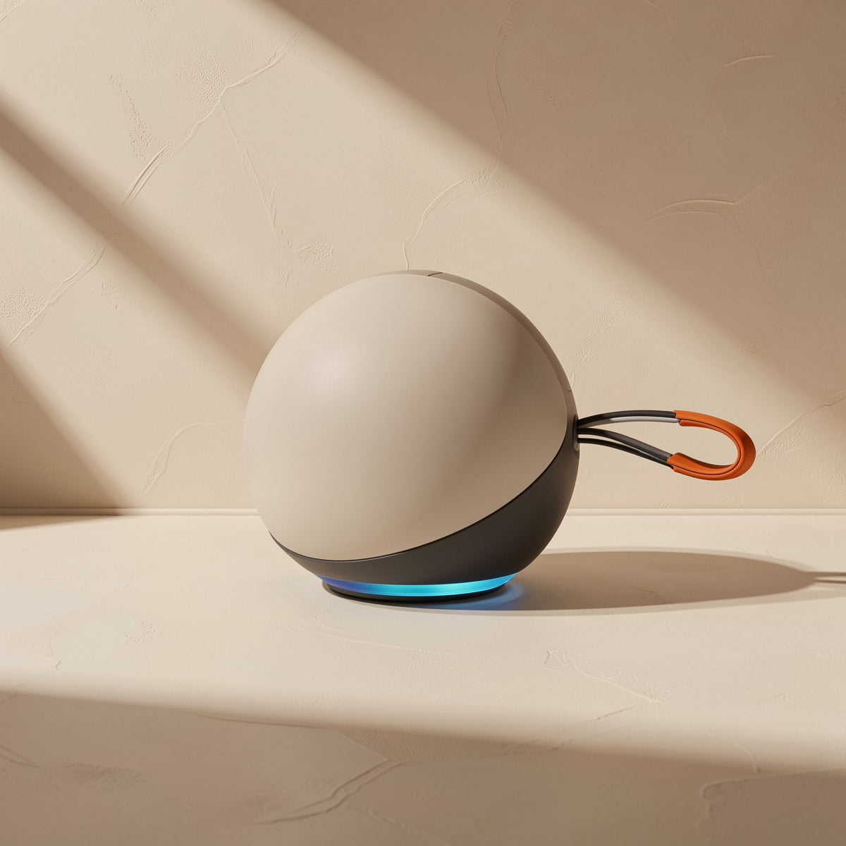 Roamnote – Beige and charcoal spherical speaker with an orange carry loop and a blue light ring on a cream surface