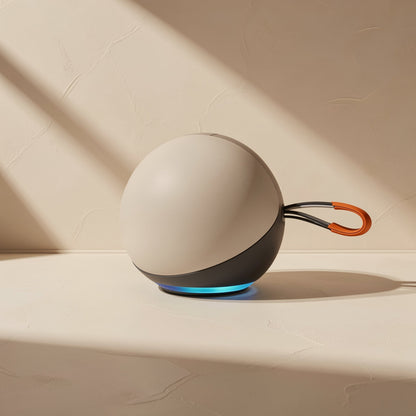 Roamnote – Beige and charcoal spherical speaker with an orange carry loop and a blue light ring on a cream surface