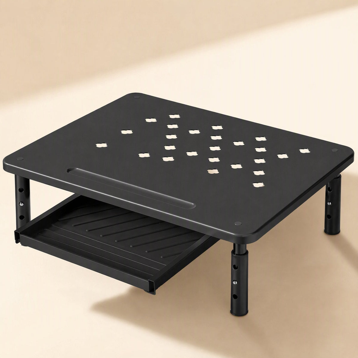 Risecrest – Black riser at a three-quarter angle with a slide-out drawer extended and height-adjustable legs