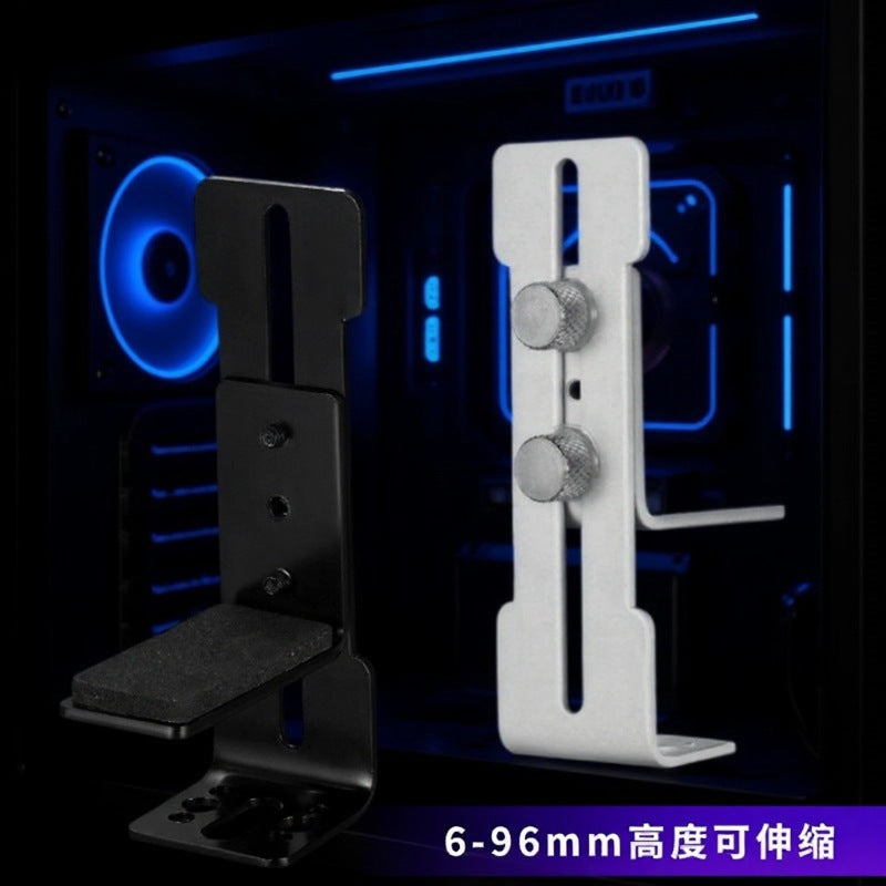 Cardlift – Black and white adjustable brackets side by side inside a PC case glowing with blue fan lighting