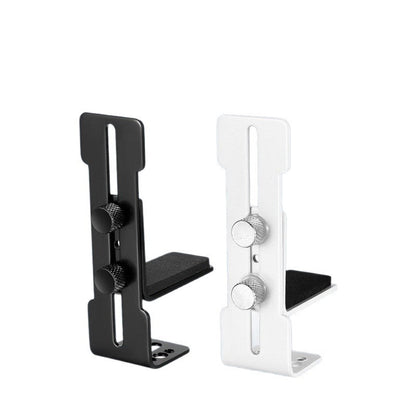 Cardlift – Pair of black and white brackets, each with two thumbscrews, a slotted plate and a foam pad