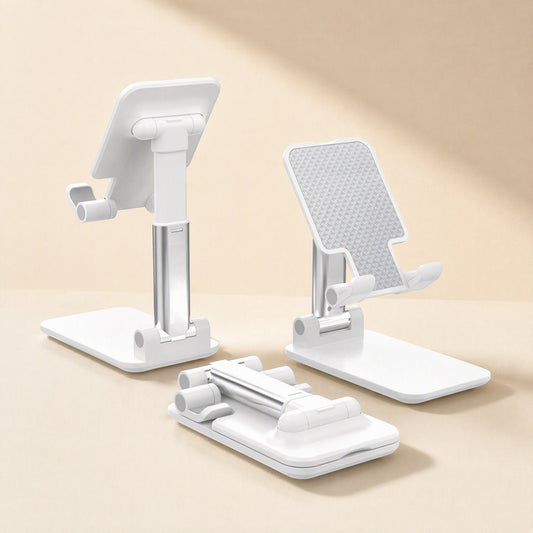 Foldhold – White phone stand with silver telescoping arm, shown from rear and front beside a folded stand