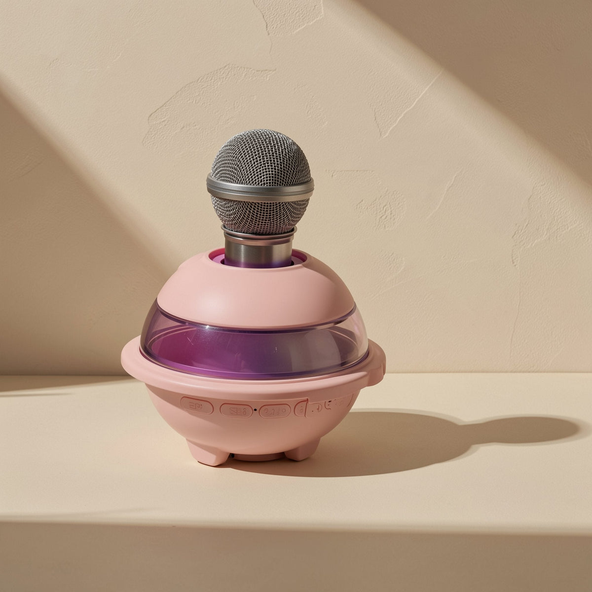 Glowchord Bluetooth Speaker – pink saucer-shaped speaker with a silver microphone seated in its top and purple light ring