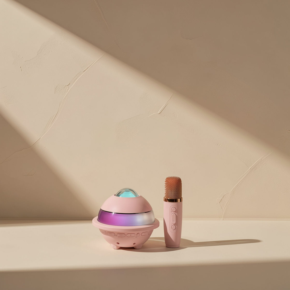 Glowchord Bluetooth Speaker – pink speaker with teal and purple lights beside a matching pink handheld microphone