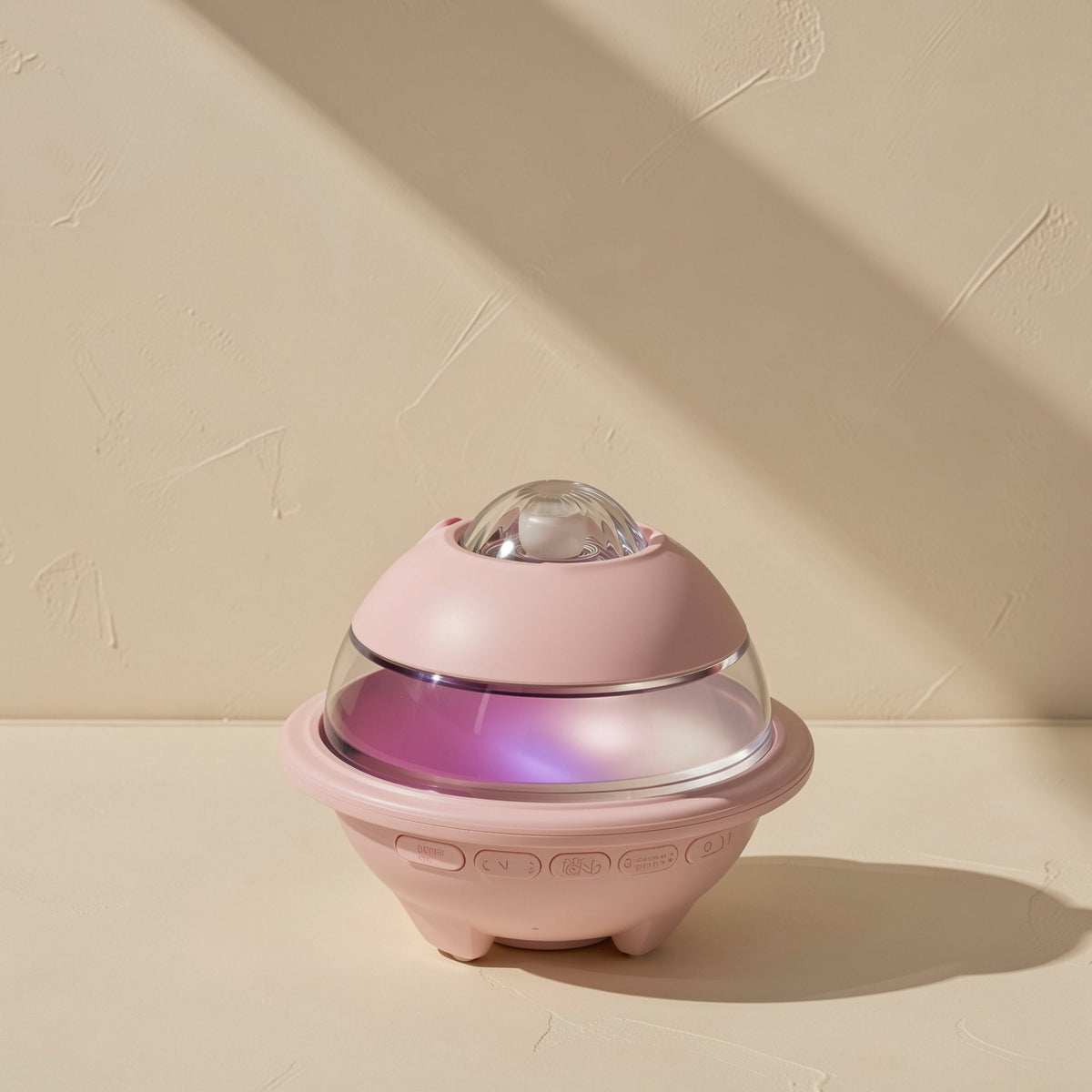 Glowchord Bluetooth Speaker – front view of the pink speaker showing the clear dome, purple glow and row of control buttons
