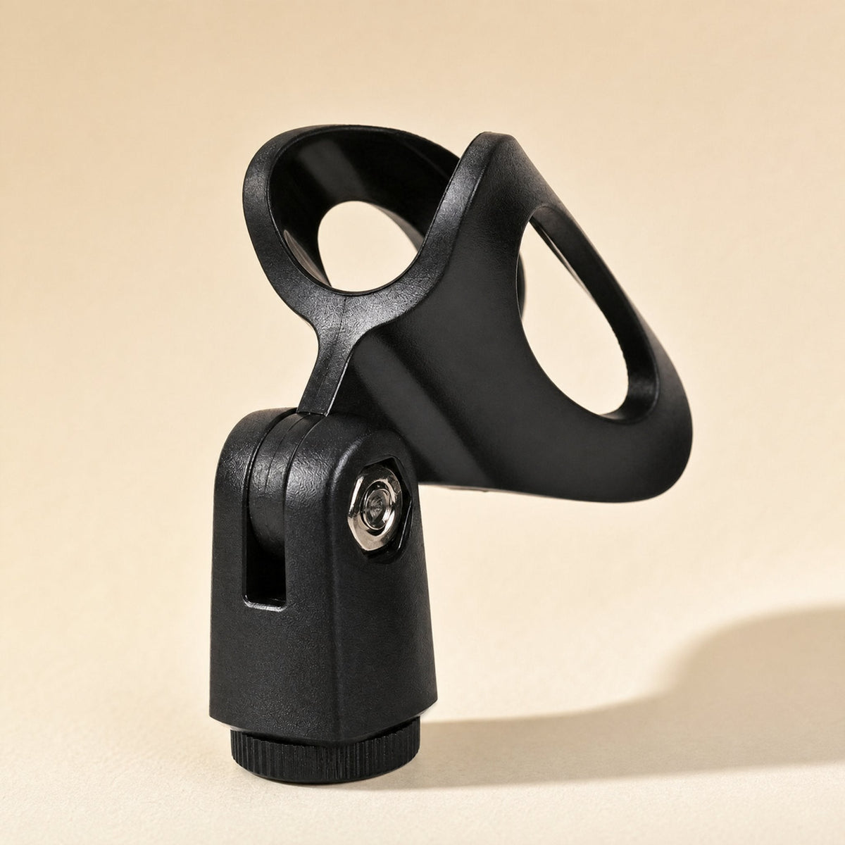 Voicepost Desktop Microphone Stand – black plastic microphone clip with silver pivot screw, shown from a three-quarter angle